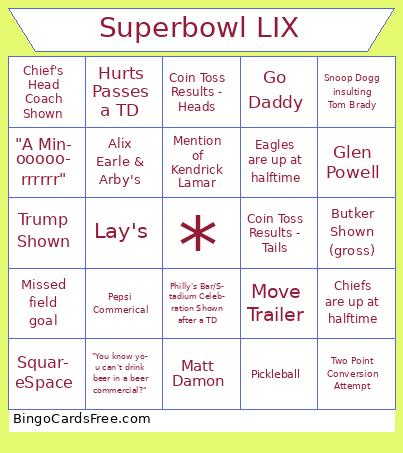 Superbowl LIX Bingo Cards Free Pdf Printable Game, Title: Superbowl LIX