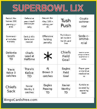 Superbowl LIX Bingo Cards Free Pdf Printable Game, Title: SUPERBOWL LIX
