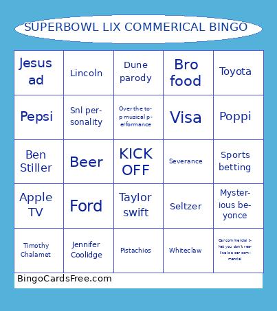 SUPERBOWL LIX COMMERICAL BINGO Cards Free Pdf Printable Game, Title: SUPERBOWL LIX COMMERICAL BINGO
