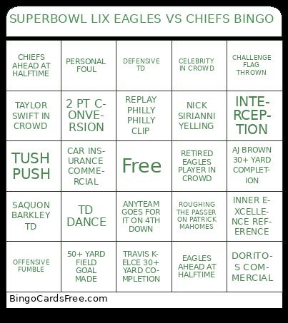 SUPERBOWL LIX EAGLES VS CHIEFS BINGO Cards Free Pdf Printable Game, Title: SUPERBOWL LIX EAGLES VS CHIEFS BINGO
