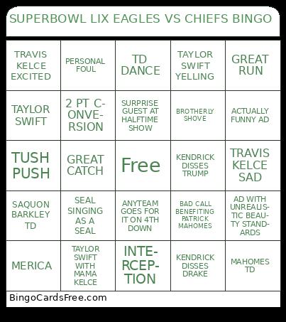 Rdg card Bingo Free Pdf Printable Game, Title: SUPERBOWL LIX EAGLES VS CHIEFS BINGO