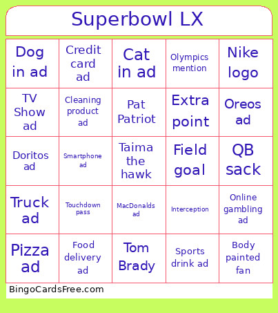 Superbowl LX Bingo Card