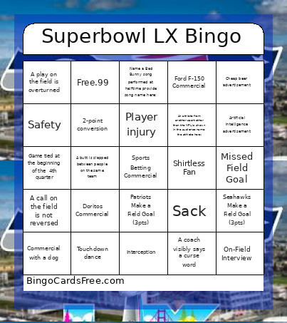 Superbowl LX Bingo Card