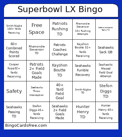 Superbowl LX Bingo Card