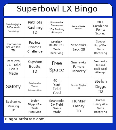 Superbowl LX Bingo Card