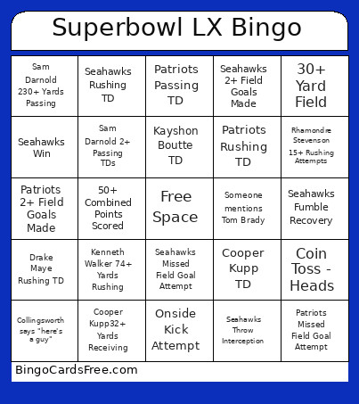 Superbowl LX Bingo Card