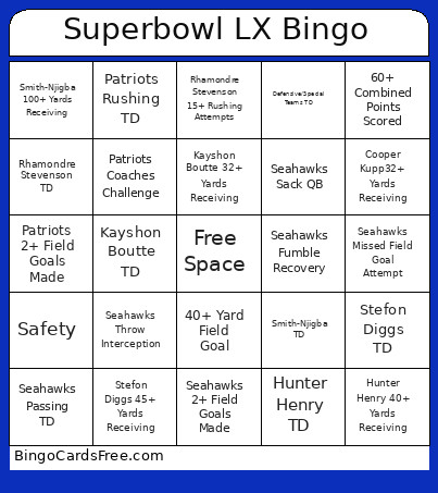 Superbowl LX Bingo Card
