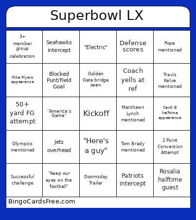 Superbowl LX Fun Bingo Card