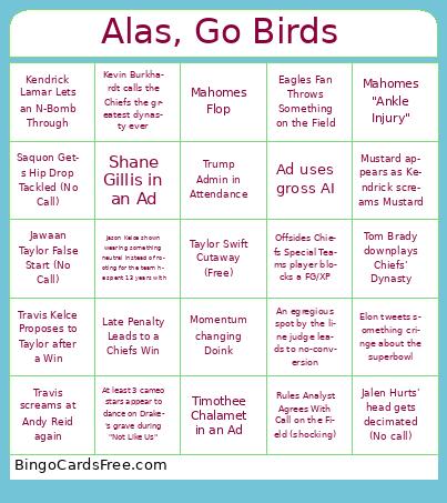 Superbowl Shenanigans Bingo Cards Free Pdf Printable Game, Title: Alas, Go Birds