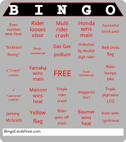 Supercross BINGO Cards Free Pdf Printable Game, Title: BINGO