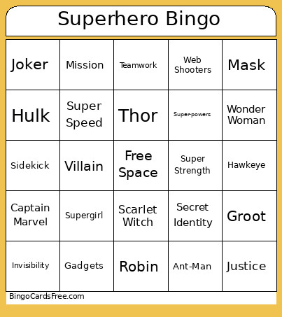 Superhero Bingo Card