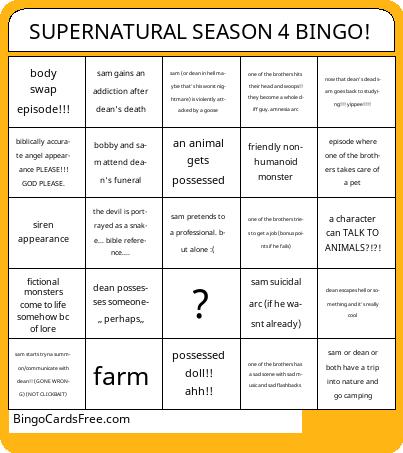 SUPERNATURAL SEASON 4 BINGO!