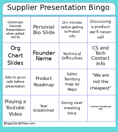 Supplier Presentation Bingo Card