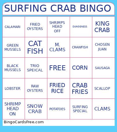 SURFING CRAB Bingo Card