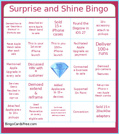 Surprise And Shine Bingo Card