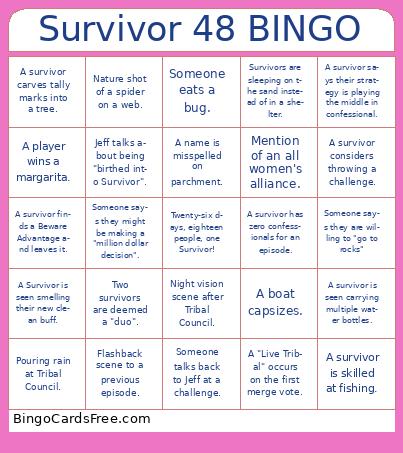 Survivor 48 Bingo Cards Free Pdf Printable Game, Title: Survivor 48 BINGO