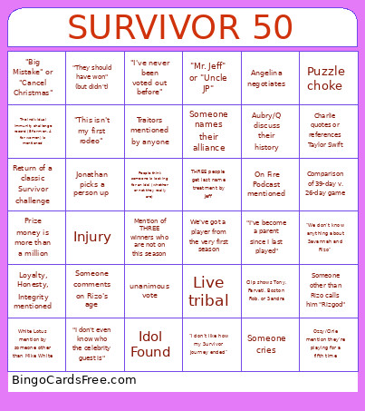 Survivor 50 Bingo Card