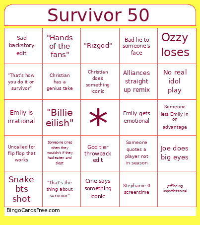 Survivor 50 Bingo Card