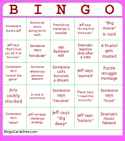 Survivor 50 Bingo Card