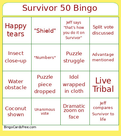 Survivor 50 Bingo Card