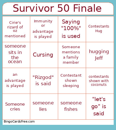 Survivor 50 Finale Bingo Card