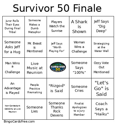 Survivor 50 Finale Bingo Card 2