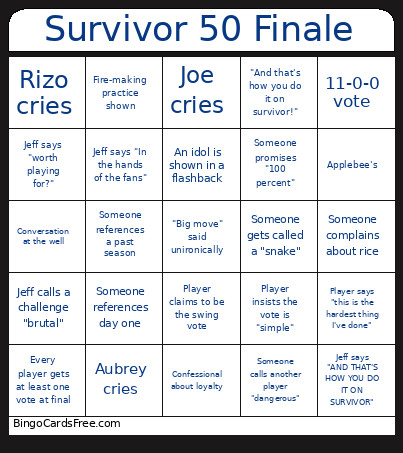 Survivor 50 Finale Bingo Card