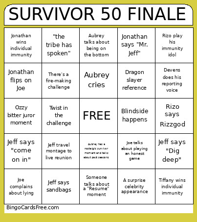 Survivor 50 Finale! Bingo Card