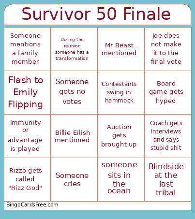 Survivor 50 Finale Bingo Card