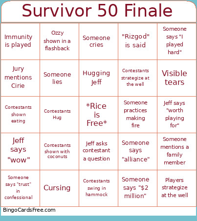 Survivor 50 Finale Bingo Card
