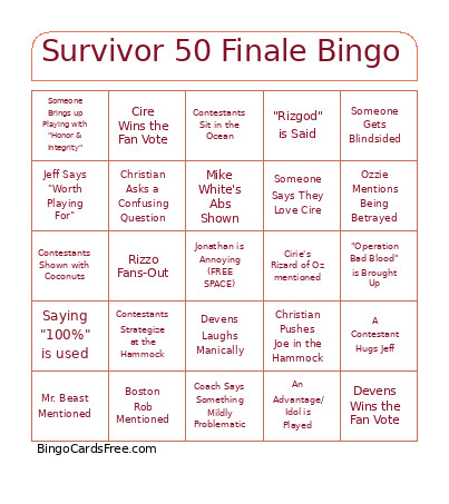 Survivor 50 Finale Bingo Card
