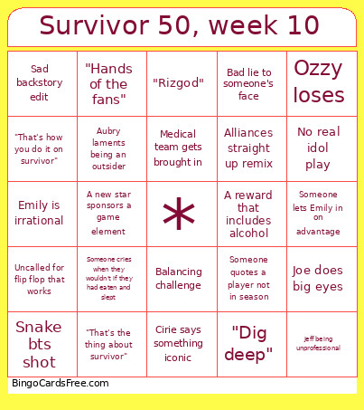 Survivor 50, Week 10 Bingo Card 2