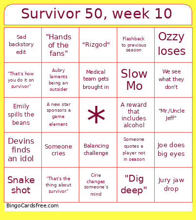 Survivor 50, Week 10 Bingo Card