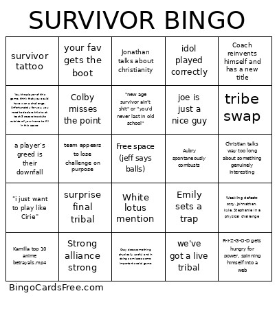 SURVIVOR Bingo Card