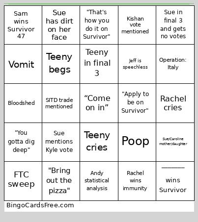 Survivor S47 Finale Bingo Card