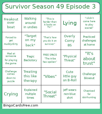 Survivor Season 49 Episode 3 Bingo Card