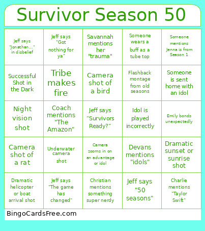 Survivor Season 50 Bingo Card