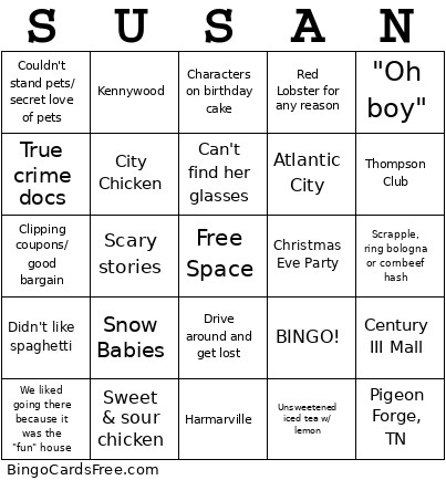 Susan Bingo Card