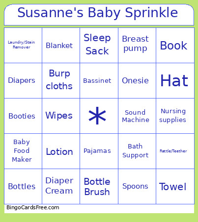 Susanne's Baby Sprinkle Bingo Card