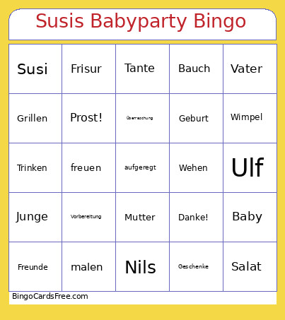 Susis Babyparty Bingo Card