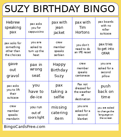 SUZY BIRTHDAY Bingo Card