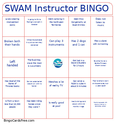 SWAM Instructor Bingo Card