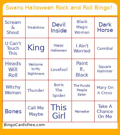 Swans Halloween Rock And Roll ! Bingo Card