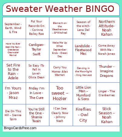 Sweater Weather/ Rainy Day Bingo Card