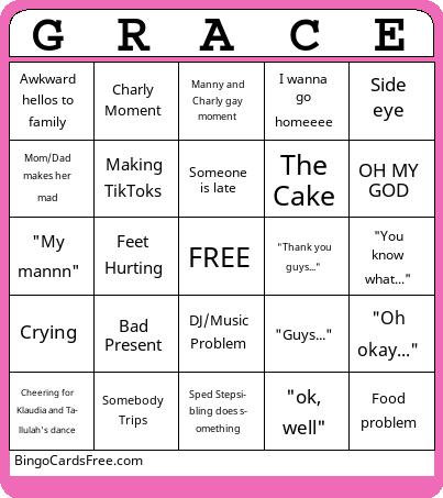 Sweet 16 Buingo Bingo Cards Free Pdf Printable Game, Title: GRACE