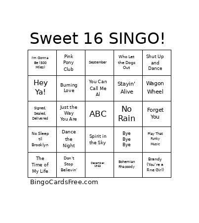 Sweet 16 SINGO! Bingo Card