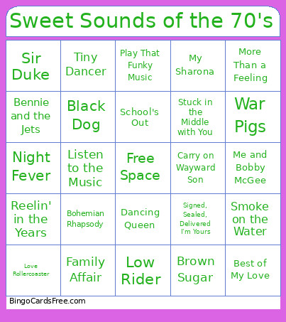 Sweet Sounds Of The 70's Bingo Card