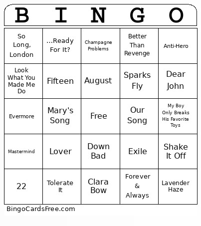 Swift Music Bingo Card