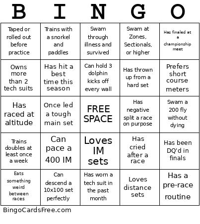 Swim Bingo Card