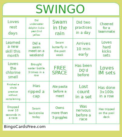 Swim 9-10 Bingo Card